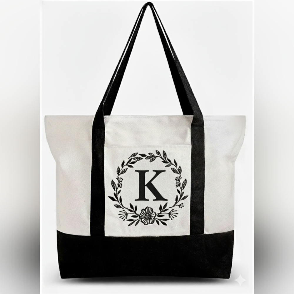 Monogrammed Embroidered Canvas Tote Bag Zipper Pocket Personalized Gift Letter K